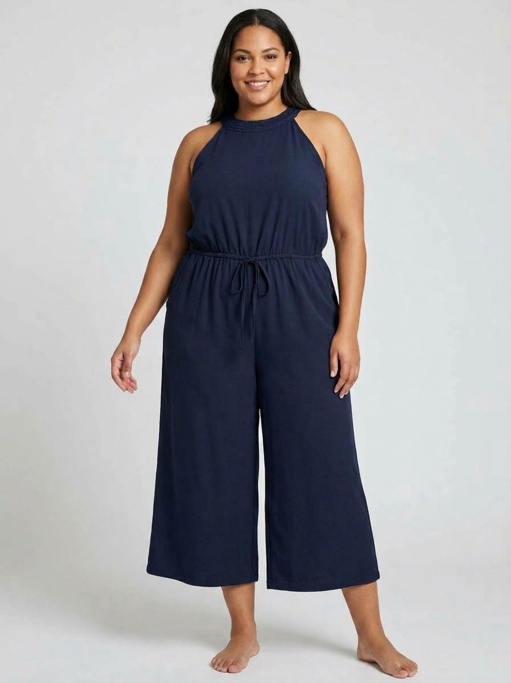 Emma & Michele Wide Leg Jumpsuit Halter High Neck Drawstring Waist Sleeveless